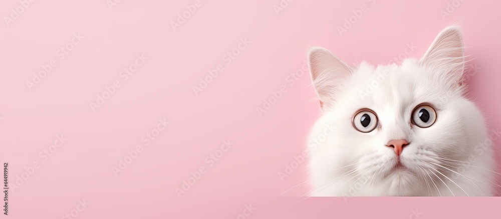 Aufkleber white cat with surprise expression alone on isolated pastel background copy space en background port