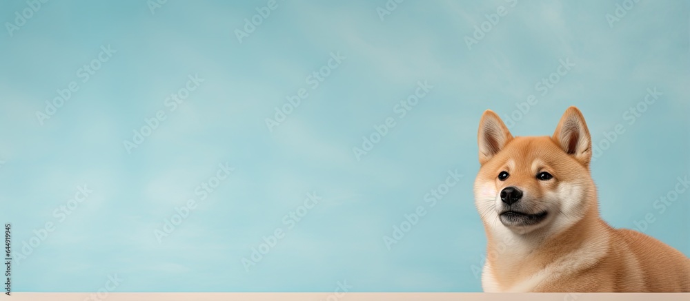 Poster photographing a shiba inu in a studio with various isolated pastel background copy space s