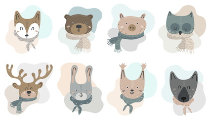 Set of 8 cute forest animals portraits in pastel colors in scandinavian style on a white background. Design element for baby clothes, cards, textiles, fabrics, wallpapers