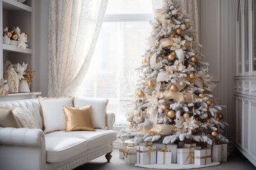 Light living room interior in a simple style with a Christmas tree in golden and white colors. Generative AI