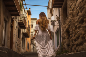 Naklejka premium A woman with long hair and a sundress walking through a small town, back view. Generative AI