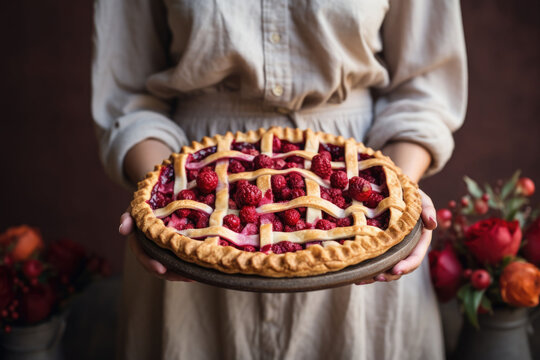 A freshly baked berry pie in the hands of a woman. Generative AI - Powered by Adobe