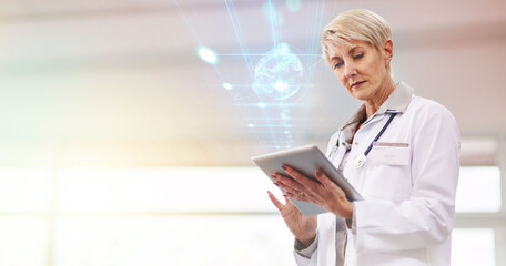 Woman, doctor and tablet with global hologram, digital transformation and healthcare tech...