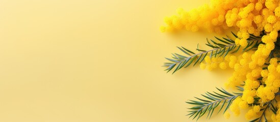Springtime macro of a mimosa flower with a yellow hue isolated pastel background Copy space