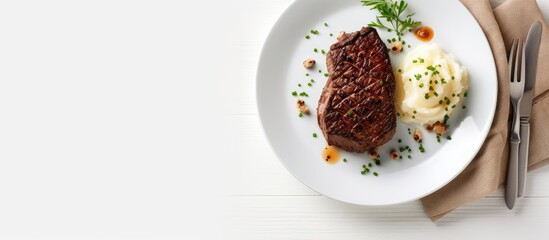 Grilled meat and mashed potato on a plate isolated pastel background Copy space