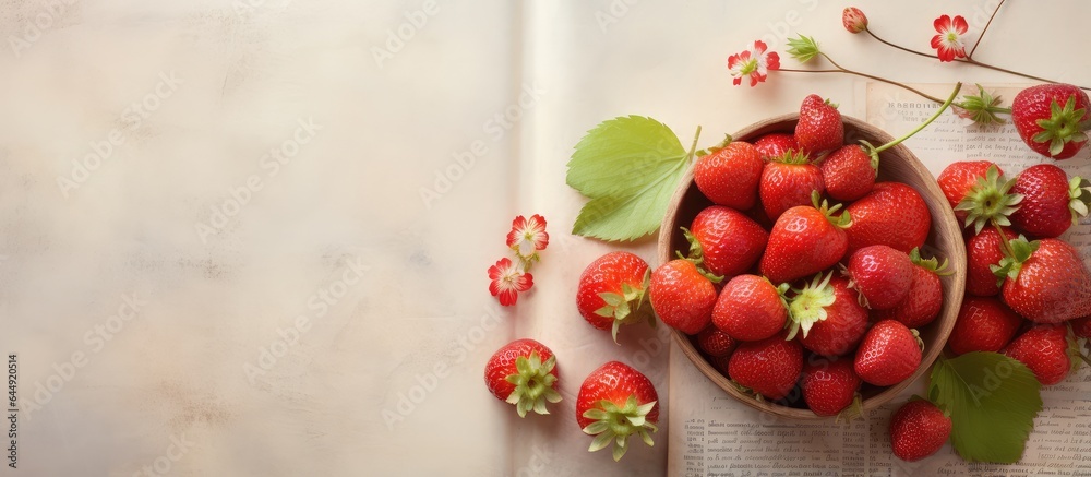 Poster a stunningly adorned strawberry on a isolated pastel background copy space coupled with a writing bo