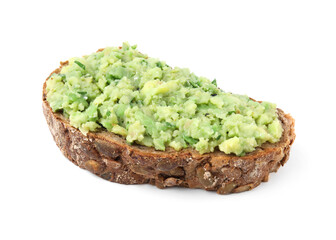 Delicious sandwich with guacamole on white background