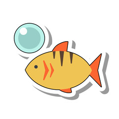 Aquarium striped goldfish flat paper sticker. Inhabitant of sea depths and oceans with water bubble isolated on white background. Animals and fish, nature concept