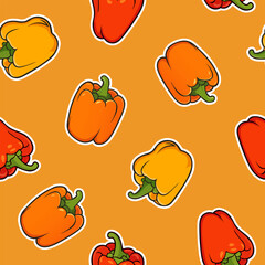 Seamless pattern of sweet bell peppers. Hand drawn cartoon style paprika on orange background. Bright, juicy, summer vegetables. For menu, print, textile, wrapping paper design. Vector graphic.