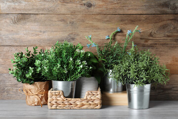 Different artificial potted herbs on white wooden table