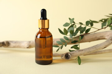 Bottle of cosmetic oil, branch and leaves on beige background, closeup