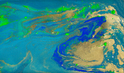 Obraz na płótnie Canvas Blue, Green and Gold Ebru Pattern Imitation