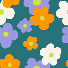 1970 Daisy Naive groovy seamless pattern. Fun colorful Doodle Bright background in green colors. Contemporary trendy backgrounds for kids. Scandinavian nursery print