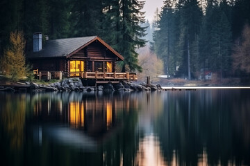 Obraz premium A beautiful log cabin on a lake, with reflections in the water