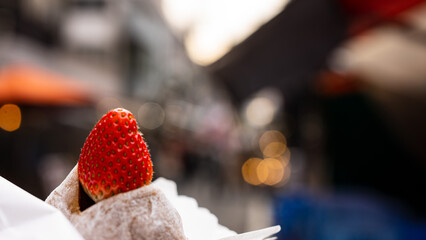close up of japanese mochi dessert with strawberry