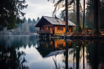 Obraz premium A beautiful log cabin on a lake, with reflections in the water