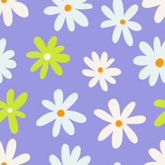 1970 Daisy Naive groovy seamless pattern. Fun colorful Doodle Bright background. White flowers on lavender. Contemporary trendy backgrounds for kids. Scandinavian nursery print