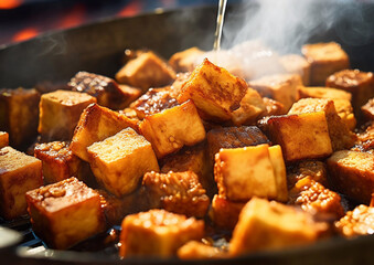 Stinky smelly tofu with steam on street food market.Macro.Ai Generative - obrazy, fototapety, plakaty