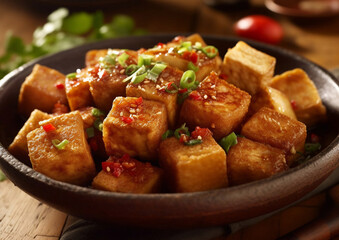 Stinky smelly tofu asian food in ceramic plate on table.Macro.Ai Generative - obrazy, fototapety, plakaty