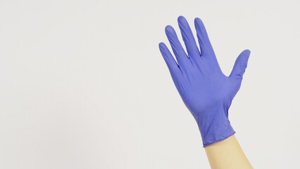 Obraz premium Empty Hand is wearing violet latex gloves on white background.