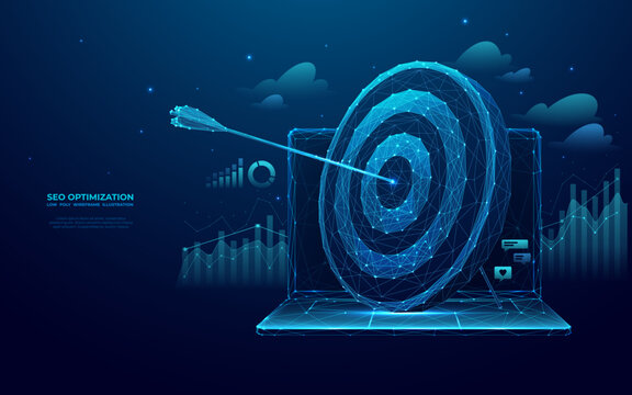 Abstract digital target with an arrow on a laptop screen. SEO optimization, SMM, and Goal Achievement concepts. Strategy and planning website banner on technology blue background. Futuristic low poly 