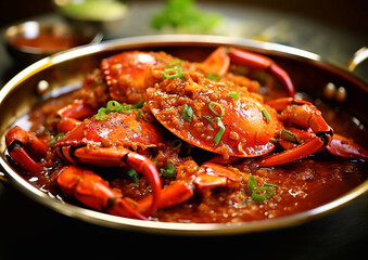 Pan with Singapore chili crab meal on table.Macro.AI Generative