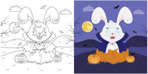Cute coloring book - happy white rabbit dressed as dracula in a big pumpkin. Halloween. Autumn holidays. Cute, vector, childish illustration.