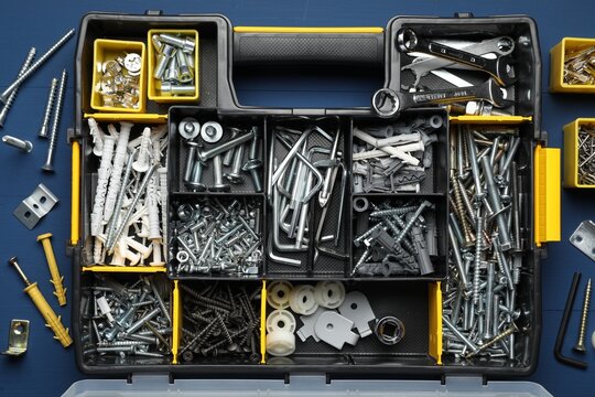 Organizer with many different fasteners and wrenches on blue wooden table, flat lay