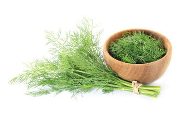 Bowl and bunch of fresh dill isolated on white