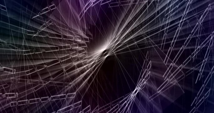 White rays of light on a dark background are intertwined, forming bizarre patterns. Animated background and club video. Endless cycle. A loop