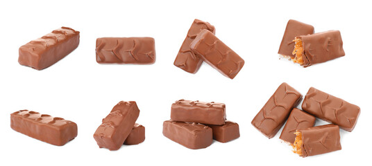 Collage with chocolate bars isolated on white