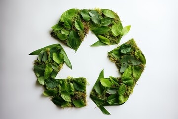 Green recycle icon on fresh spring meadow on white background. Eco friendly recyclation concept.