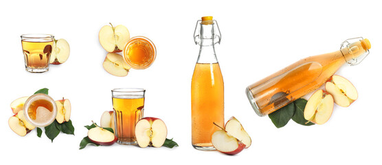 Set with tasty apple cider and fresh fruits isolated on white