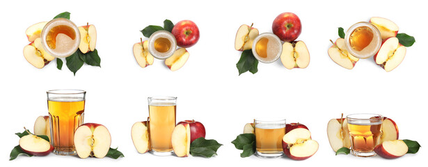 Collage with tasty apple cider and fresh fruits isolated on white, top and side views