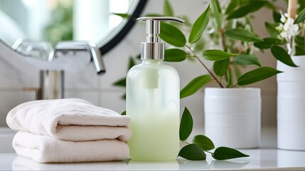 Fototapeta na wymiar Natural Relaxation: Green Castile Soap in Pump Bottle with Rolled Towels and Plant Decor for Spa-Like Bathroom Experience