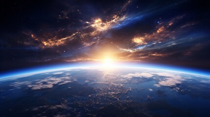 Fototapeta na wymiar photorealistic planet earth with sunrise in space, 16:9, copy space