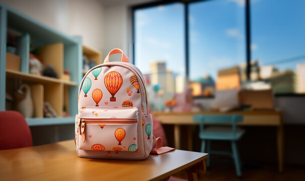 Back to school concept.Backpack with different colorful stationery on table with copy space. School bag with school supplies
