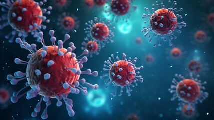 Obraz na płótnie Canvas covid-19 illustration, microscopic view of floating influenza virus cell, 16:9, copy space