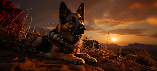 German shepherd dog at sunset.