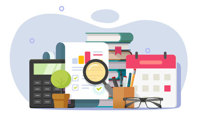 Study research overview audit vector icon graphic illustration, education analysis discovery report insight data, learning statistics economic document review, check internal school quality assessment