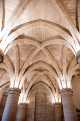 Gothic ceiling of main hall in Conciergerie, former courthouse and prison in Paris, France