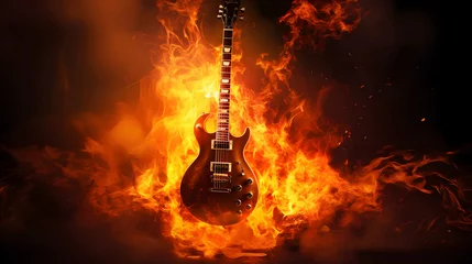 Photo sur Plexiglas Feu Electric guitar on fire background. Electric guitar on a dark background. Musical instrument.