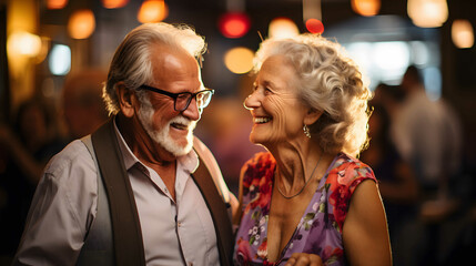 Happy senior couple enjoying companionship at a social club, having fun and smiling. Cheerful elderly couple dancing together in a night club.