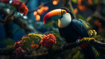 Toucan tropical bird sitting on a tree branch in natural wildlife environment in rainforest jungle