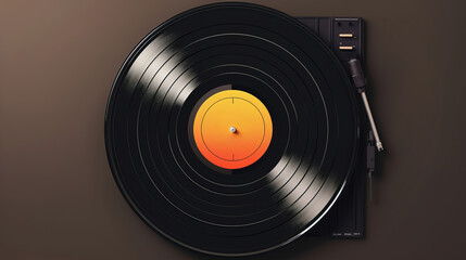 Illustration of a record player with a vibrant orange and black vinyl disc spinning
