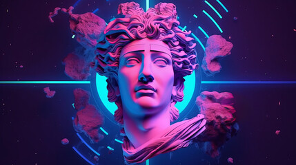 Illustration of a sculpted bust of a man against a vibrant purple backdrop - obrazy, fototapety, plakaty