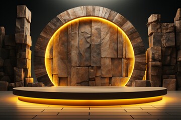 3D rendering of yellow luxury abstract background. Podium for show product with stones. minimal design with a combination of geometric shapes, creating a perfect platform