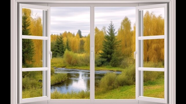 White Window Frames of Stock Photo in Beautiful Landscapes.