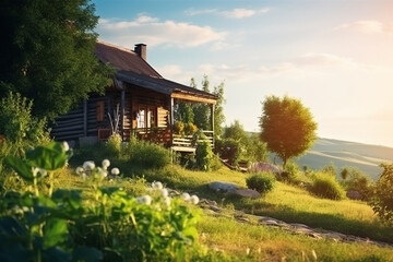 Fototapeta na wymiar Beautiful summer cottage on hill top