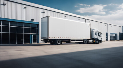 Truck parked in front of a Logistics Industry Warehouse. Ai generative.